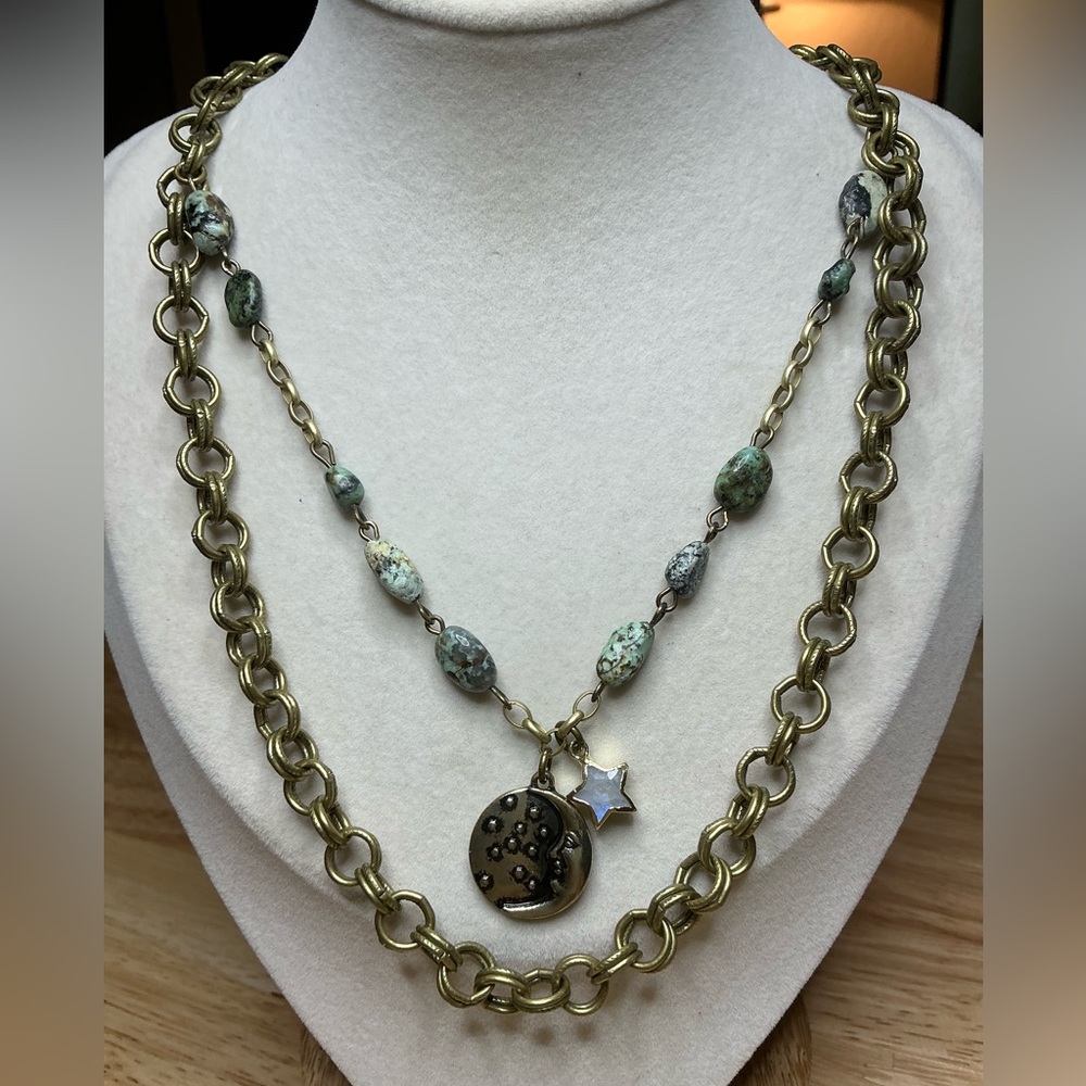 Two -Layer Necklace with African Turquoise Chain & Rainbow Moonstone Star❤️ - Picture 6 of 7
